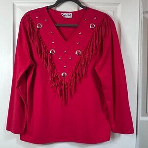 Vintage 80s Sas'sa Fringe Rodeo Western Cowgirl Studs Conchos Long Sleeve Tshirt